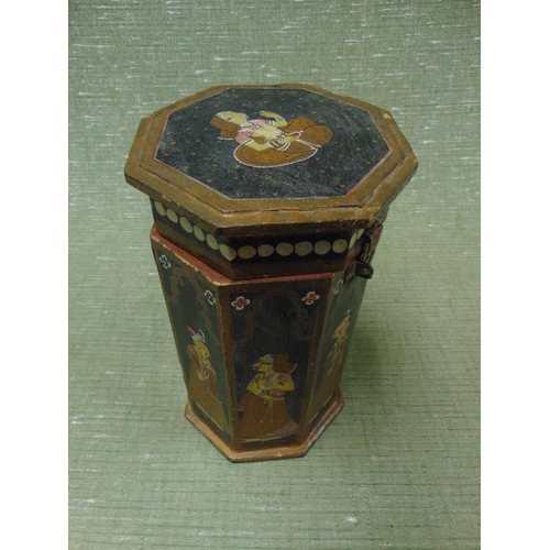 28 - Eastern octagonal form trinket box, having lift up lid and painted figural decoration, 10