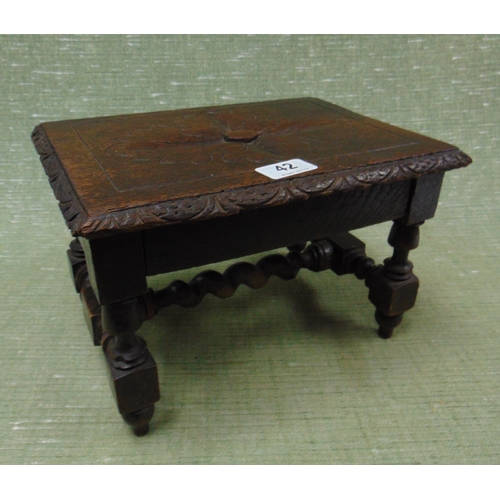 42 - An oak stool, of rectangular form, having carved decoration, turned supports and barley twist stretc... 