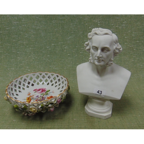 43 - Schierholz floral decorated bowl and a Parian style bust, Mendelssohn. (2)