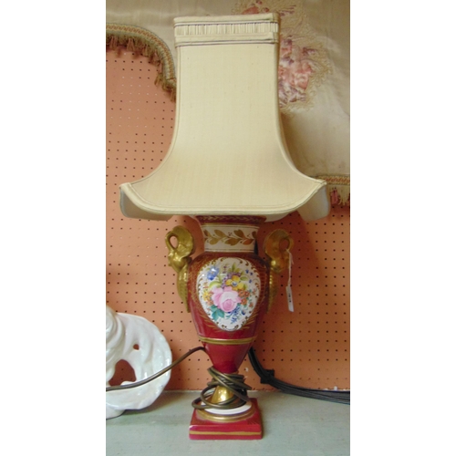 44 - Ornate floral decorated table lamp and shade, having gilt highlights. 13