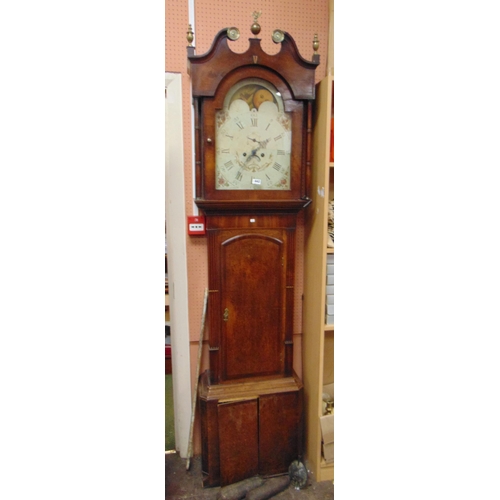 442 - Robert Jones Ruthin antique oak longcase clock, scroll neck pediment, above rolling moon movement, e... 