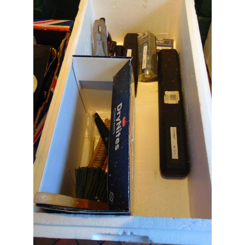 541 - Various workshop brushes, torque wrench box, Stanley wood plane.