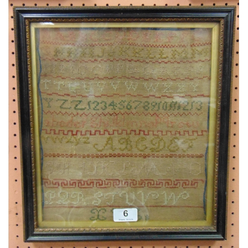 6 - Antique framed and glazed needlework sampler, 12 x 10