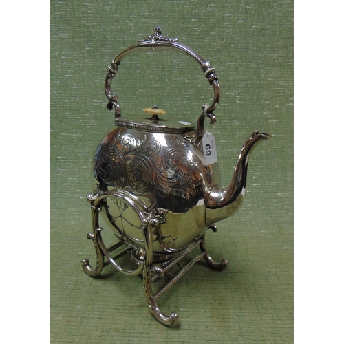 69 - Good silver plated spirit kettle on stand, having engraved decoration, maker Sturges, Bladdon & Midd... 