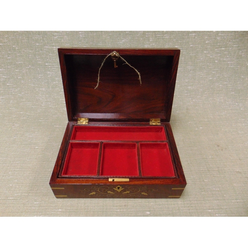 83 - Reproduction brass inlaid dome topped jewellery box, having fitted interior, 5 x 12 x 8