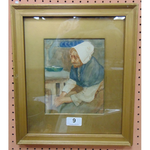 9 - Framed and glazed watercolour, depicting an elderly lady. Indistinctly signed  7 x 5.5