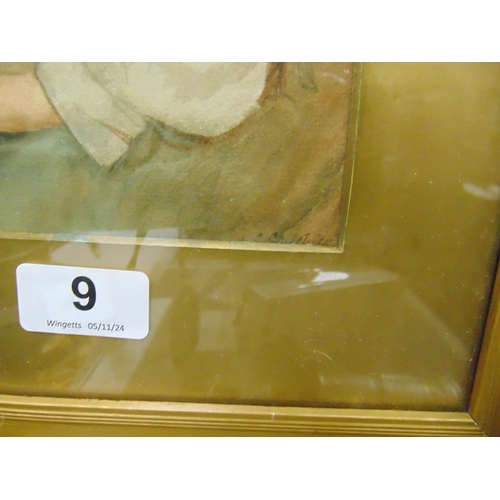 9 - Framed and glazed watercolour, depicting an elderly lady. Indistinctly signed  7 x 5.5