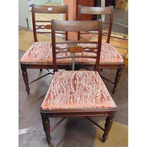 340 - Set of three antique mahogany dining chairs, bar backs, drop in seats, on turned supports, joined by... 