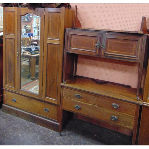 382 - Edwardian inlaid mahogany bedroom suite, comprising mirrored door wardrobe, marble top  wash stand a... 