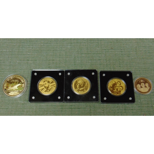 487 - Five commemorative gold plated coins.