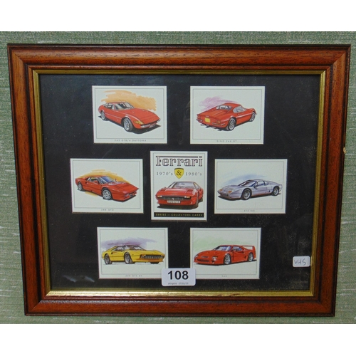 108 - Set of seven Golden Era cards, commemorating Ferrari, contained in a framed and glazed double sided ... 