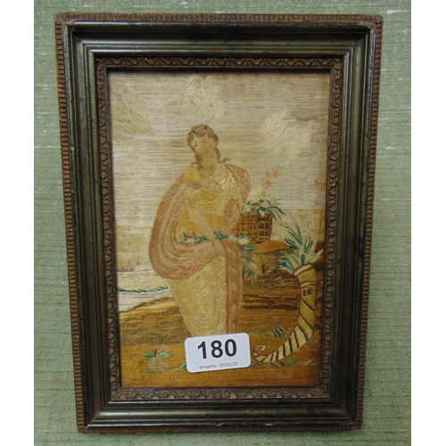 180 - Antique framed and glazed silk work, depicting a young girl. 7 x 4.5