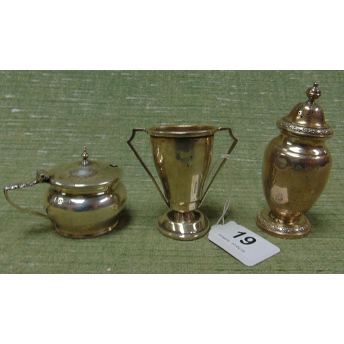 19 - Small silver trophy, pepper pot and a mustard pot.