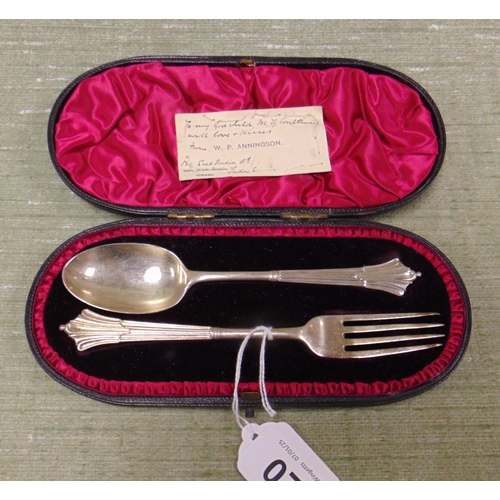 20 - Antique cased silver christening knife and fork, maker Francis Higgins II, London 1896.