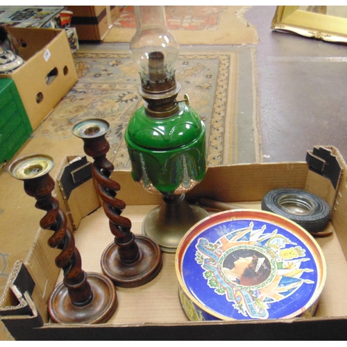 217 - Pair of oak barley twist candlesticks, oil lamp, commemorative tin, etc.