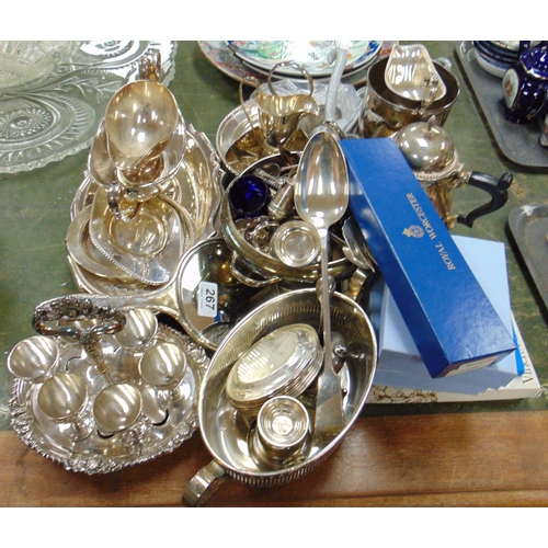 267 - Silver backed dressing table mirror, plated ware, etc.