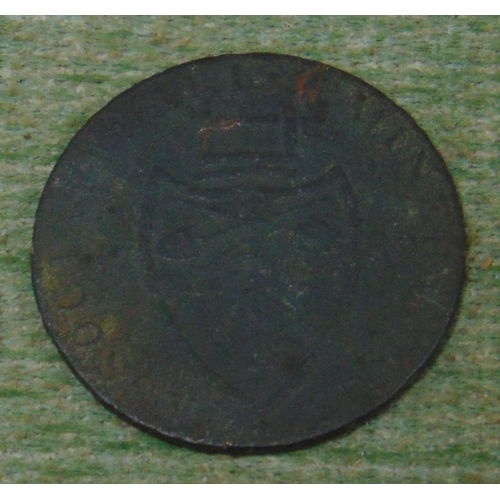 314 - 1789 British half penny Irish miner's arms shield.