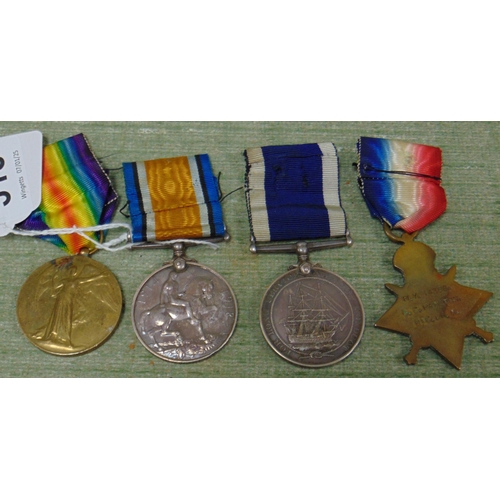 315 - Two First World War medals, M24764 AG PATSON AR CR RN, and a long service medal.