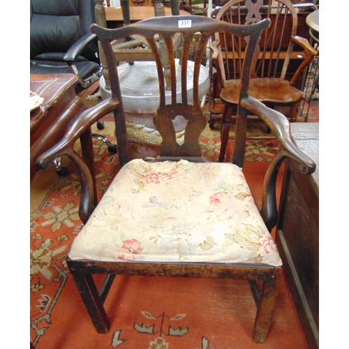 337 - Antique country made side chair, pierced splat back, open arms, upholstered seat , on plain supports... 