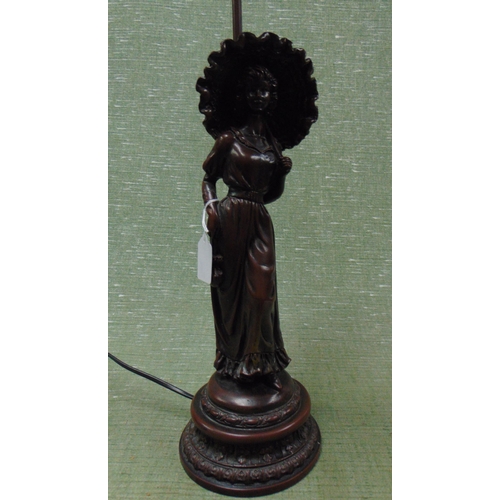 34 - Reproduction figural table lamp, having grey coloured shade, modelled as a woman holding an umbrella... 