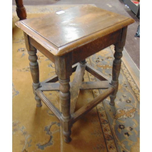 342 - Stained pine stool, rectangular top,  turned supports, joined by X shaped stretchers.