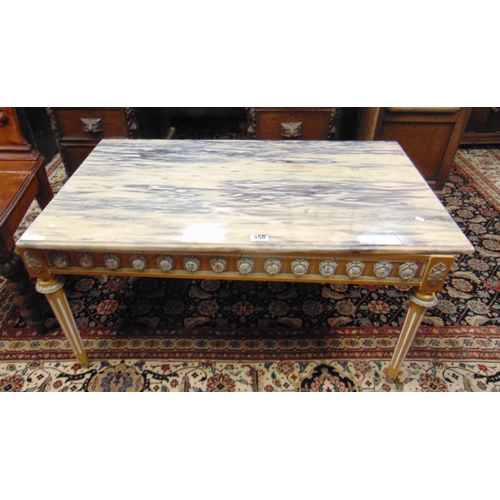 358 - Reproduction marble type topped centre table, set on fluted turned supports, 19 x 36 x 20