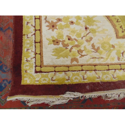 363 - Yellow and brown ground rug, having geometric pattern, 145 x 109