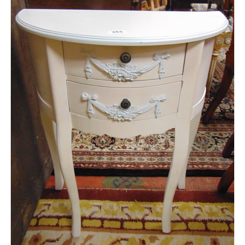 365 - Painted demi lune two drawer side table, set on frontal cabriole supports, 29 x 24 x 12