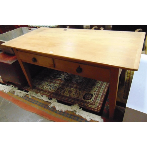 375 - Pine farmhouse table, rectangular top having cleated ends, two short drawers with knob handles set o... 