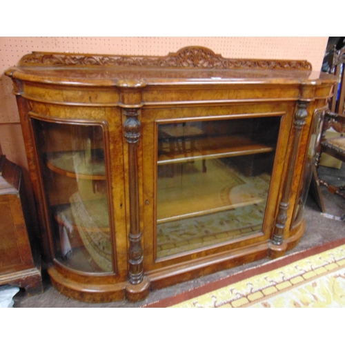 389 - Antique walnut credenza, raised back over glazed centre section flanked by doors, revealing a shelf ... 