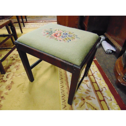 390 - Antique mahogany framed stool, having needlework seat and on plain supports, 19