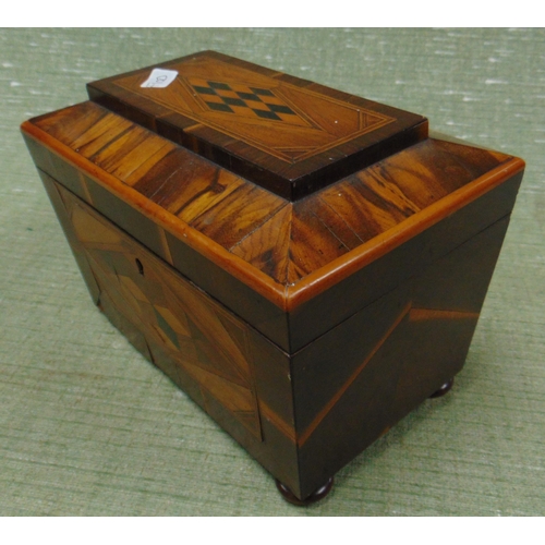 4 - Victorian parquetry inlaid tea caddy, having lift up lid and fitted interior, 6.5 x 8 x 5