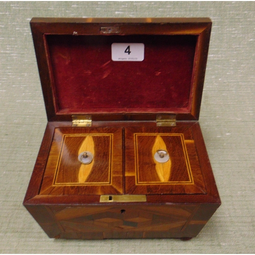 4 - Victorian parquetry inlaid tea caddy, having lift up lid and fitted interior, 6.5 x 8 x 5