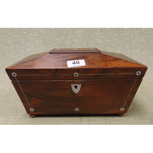 40 - 19th century rosewood sarcophagus form tea caddy, having lift up lid and fitted interior, 7x 12 x 6