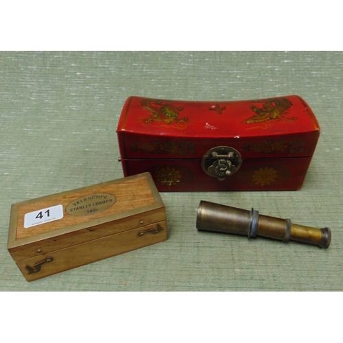 41 - An oriental lacquered trinket box, small brass telescope, etc.