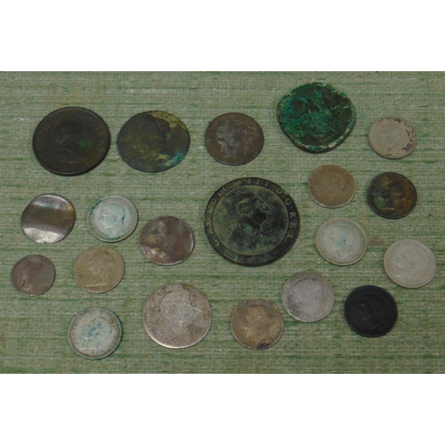 420 - George III penny, some other Georgian coins, etc.