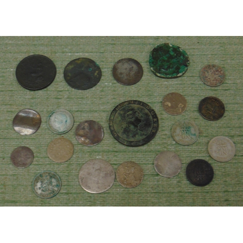 420 - George III penny, some other Georgian coins, etc.