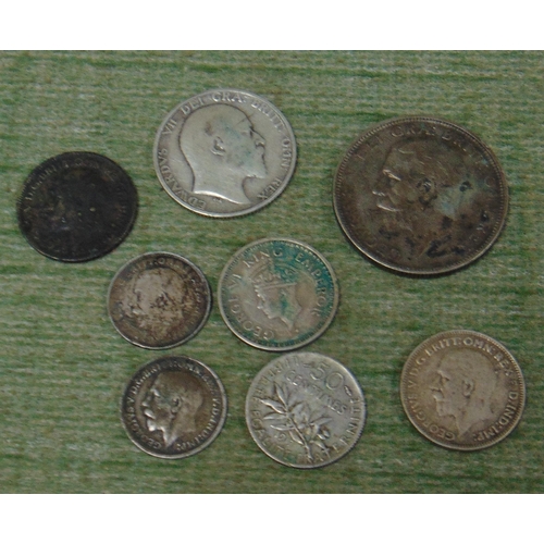 424 - George V year of three kings 1936 sixpence, 1935 florin, Edward VII 1910 shilling, India 1/4 rupee, ... 