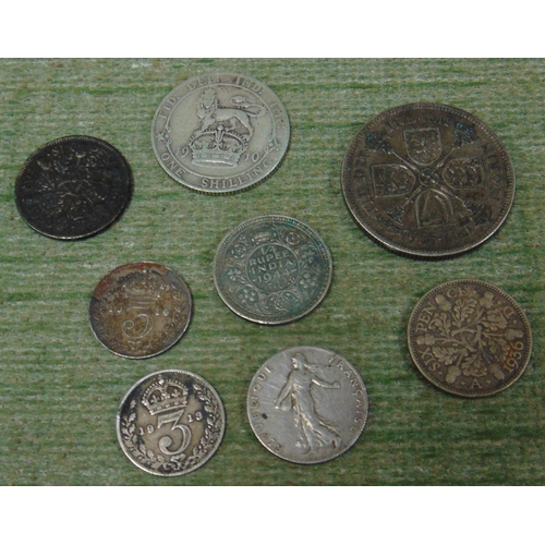 424 - George V year of three kings 1936 sixpence, 1935 florin, Edward VII 1910 shilling, India 1/4 rupee, ... 