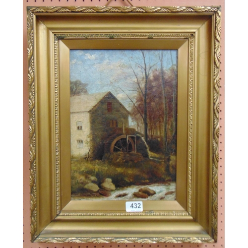 432 - Gilt framed oil painting on canvas, mill scene, indistinctly signed lower left. 13 x 9.5