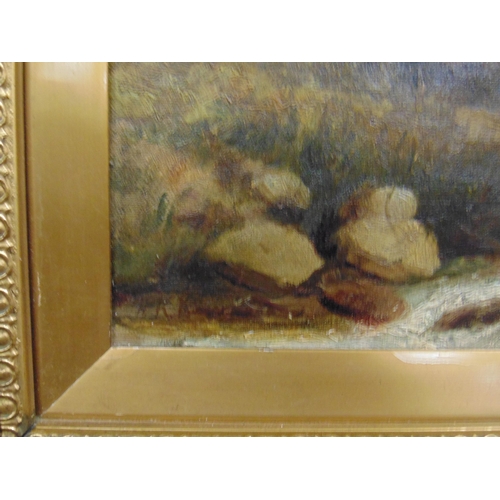 432 - Gilt framed oil painting on canvas, mill scene, indistinctly signed lower left. 13 x 9.5