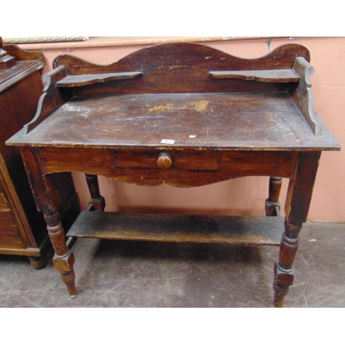 433 - Victorian stained pine wash stand, raised back above single drawer with knob handle, on turned suppo... 