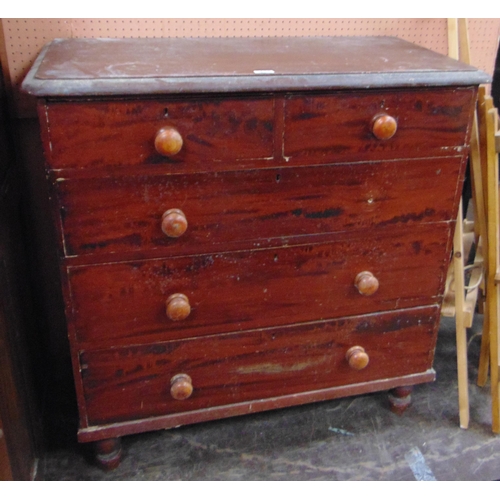 438 - Victorian stained pine chest of two short and three long drawers, set on turned supports, 39 x 37 x ... 