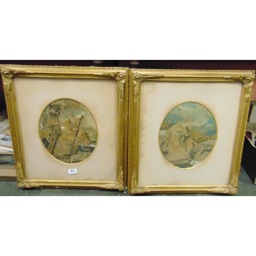 44 - Pair of antique gilt framed and glazed silkworks, depicting seated ladies, each 12 x 9