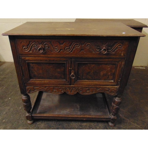 446 - Small oak mirror back dressing table and an oak side cabinet. (2)