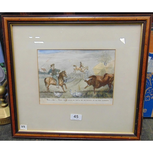 45 - Framed and glazed humorous watercolour, Scottish agricultural scene, 7.5 x 9.5