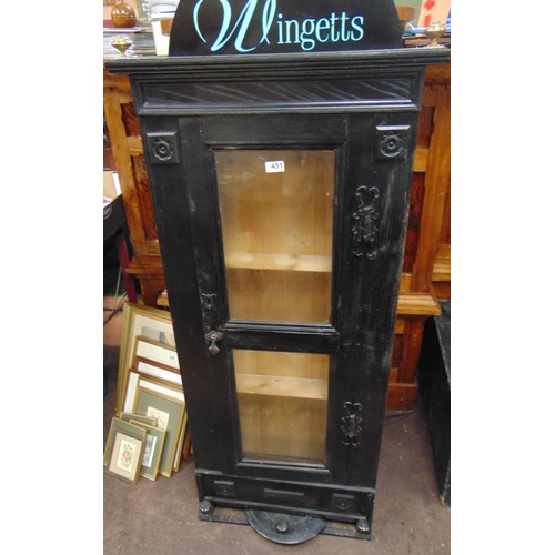 451 - Ebony narrow form side cabinet, having glazed single door enclosing a shelf lined interior, 53 x 25 ... 