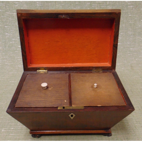 46 - Antique mahogany sarcophagus form tea caddy, having lift up lid and fitted interior, 6 x 10 x 6