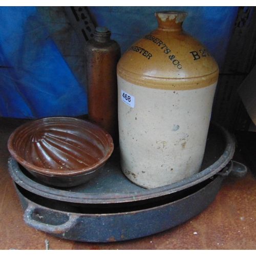 468 - Quellyn Roberts and Co, Chester stoneware bottle,  cast iron dish, jelly mould and a spirit flask.