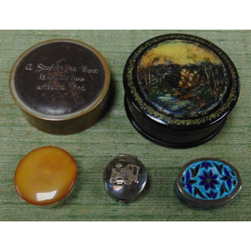 75 - Silver pill box, enamel patch box, stud box, lacquered box and one other.